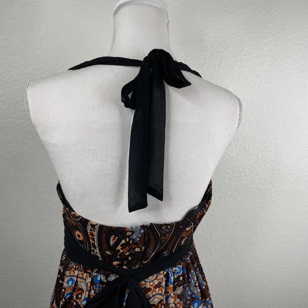 Bisou Bisou Michelle Bohbot Dress Babydoll Halter Maxi Brown Sz 8 Resort Boho